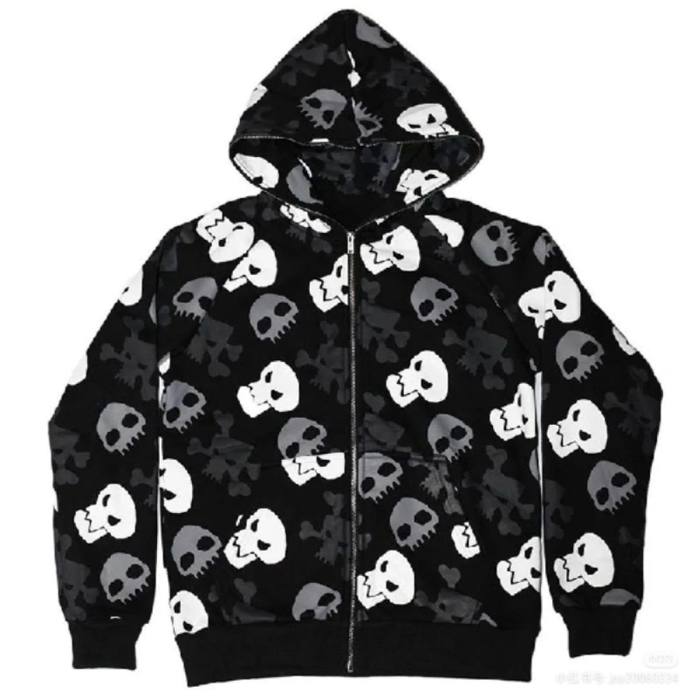 Black & Grey Skull Repeat Print Zip Up Hoodie