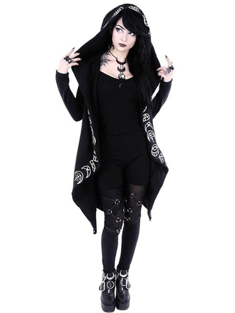 Black Moon Phases Hooded Open Cardigan