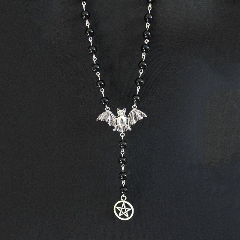 Pentagram Bat Black Beaded Long Necklace