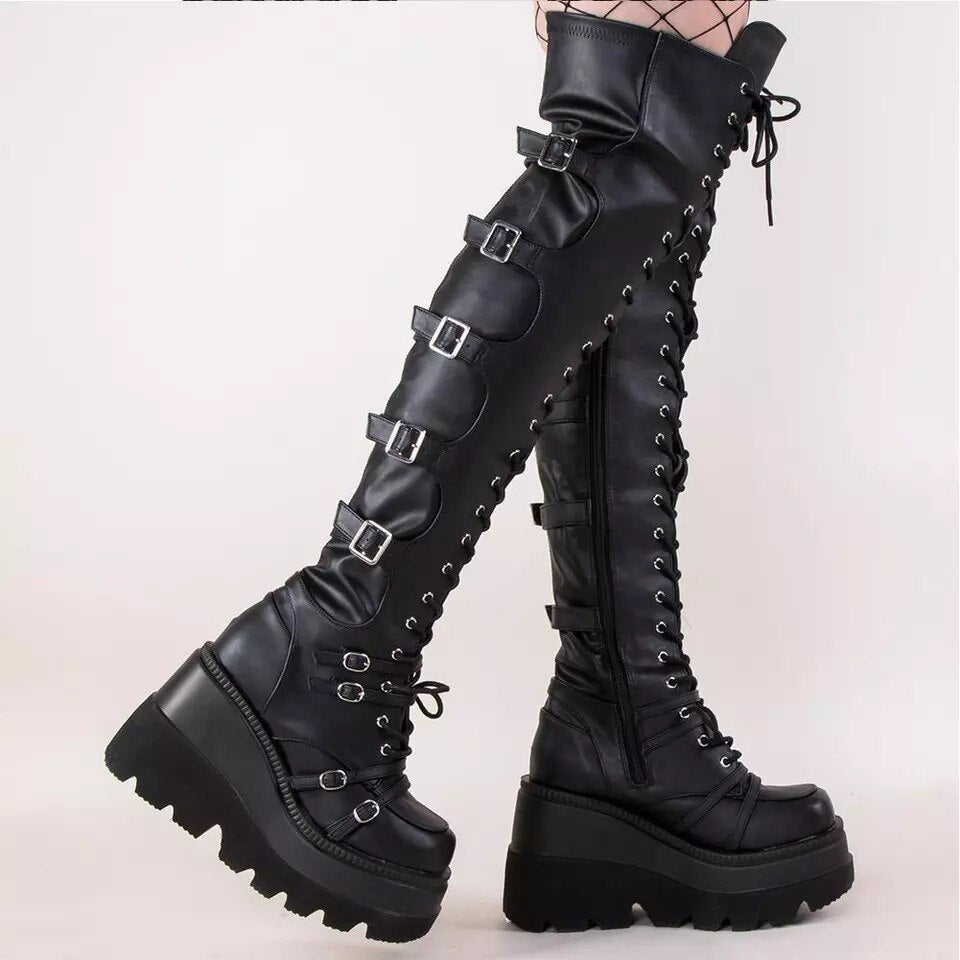 Black Over Knee Buckle Detail Boots