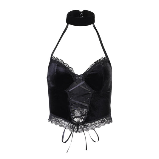 Black Velvet & Lace Halter Collar Top