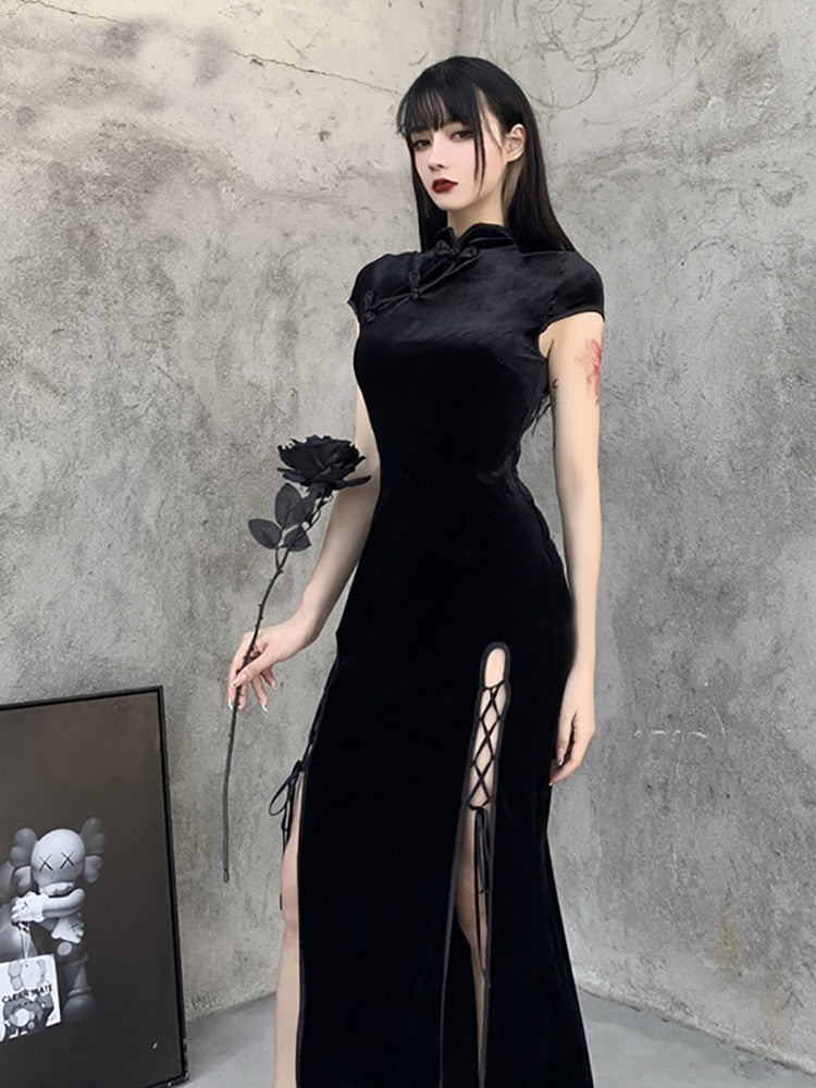 Black Velvet Chinese Neckline Side Split Dress