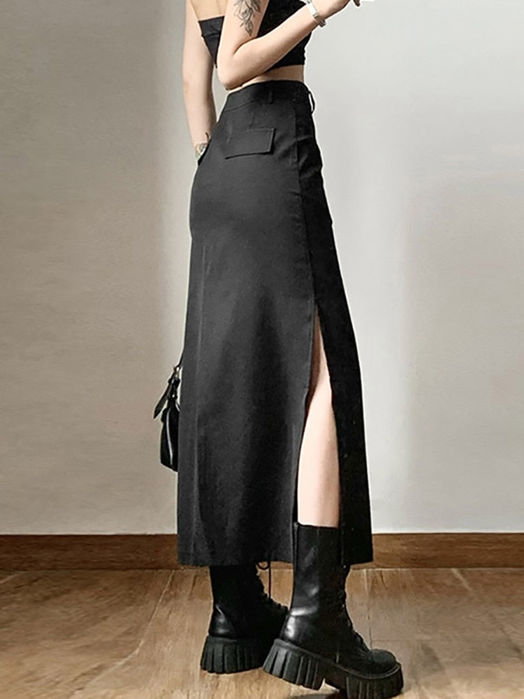 Long Black Cargo Skirt With Side Split