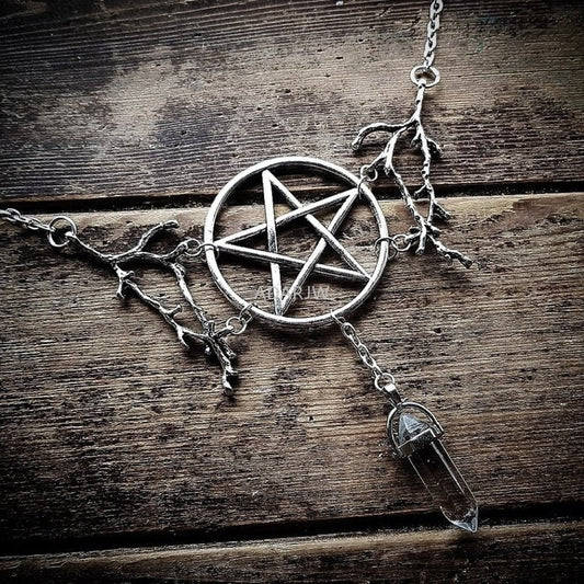 Pentagramm-Kristall-Silber-Gothic-Halskette