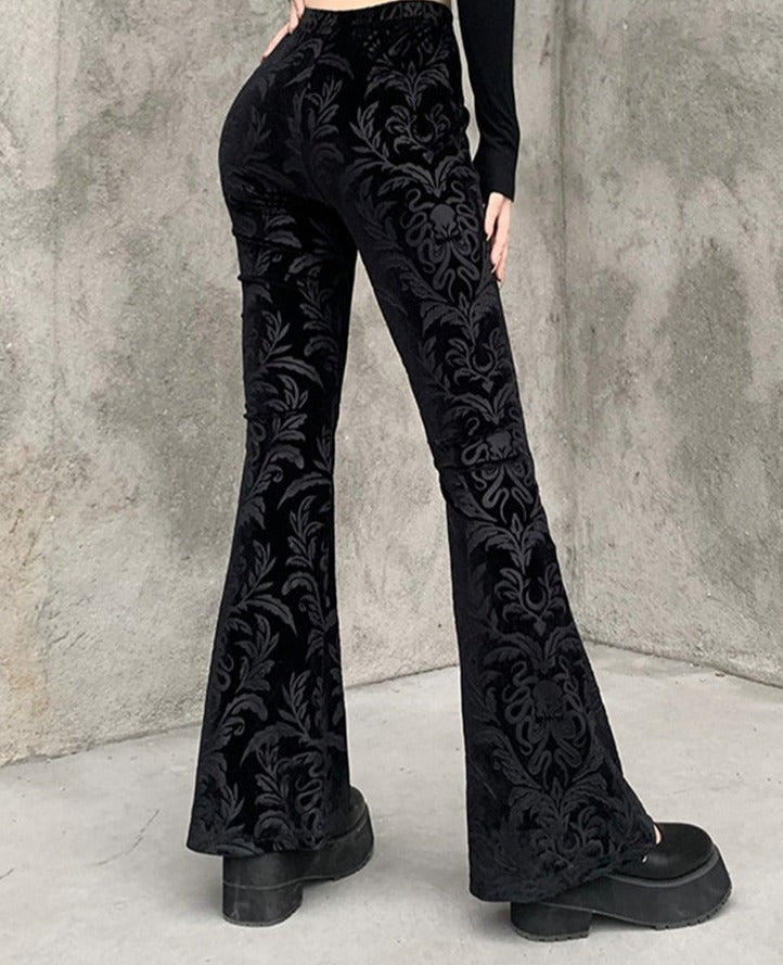 Black Velvet Brocade Print Flared Trousers