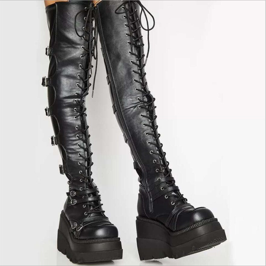 Black Over Knee Buckle Detail Boots