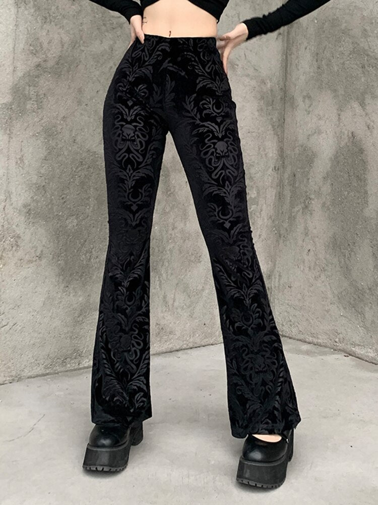 Pantalón campana con estampado brocado de terciopelo negro