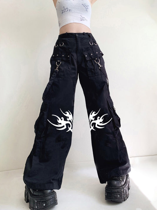 Black Tattoo Print Utility EMO Pants