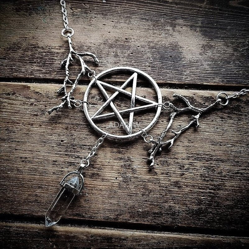 Pentagram Crystal Silver Gothic Necklace