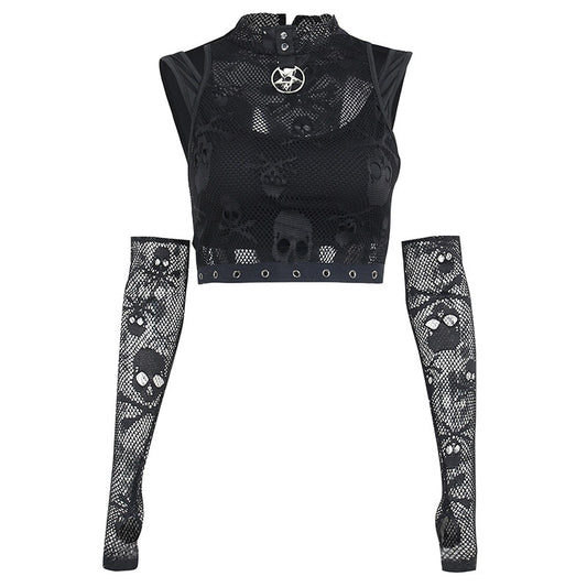 Conjunto de manga y top de encaje con calavera negra