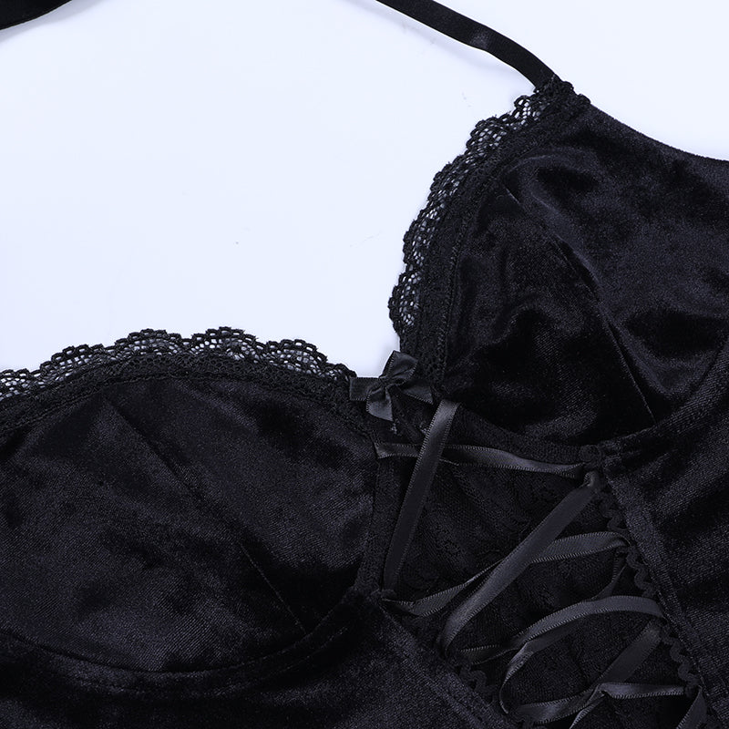 Black Velvet & Lace Halter Collar Top