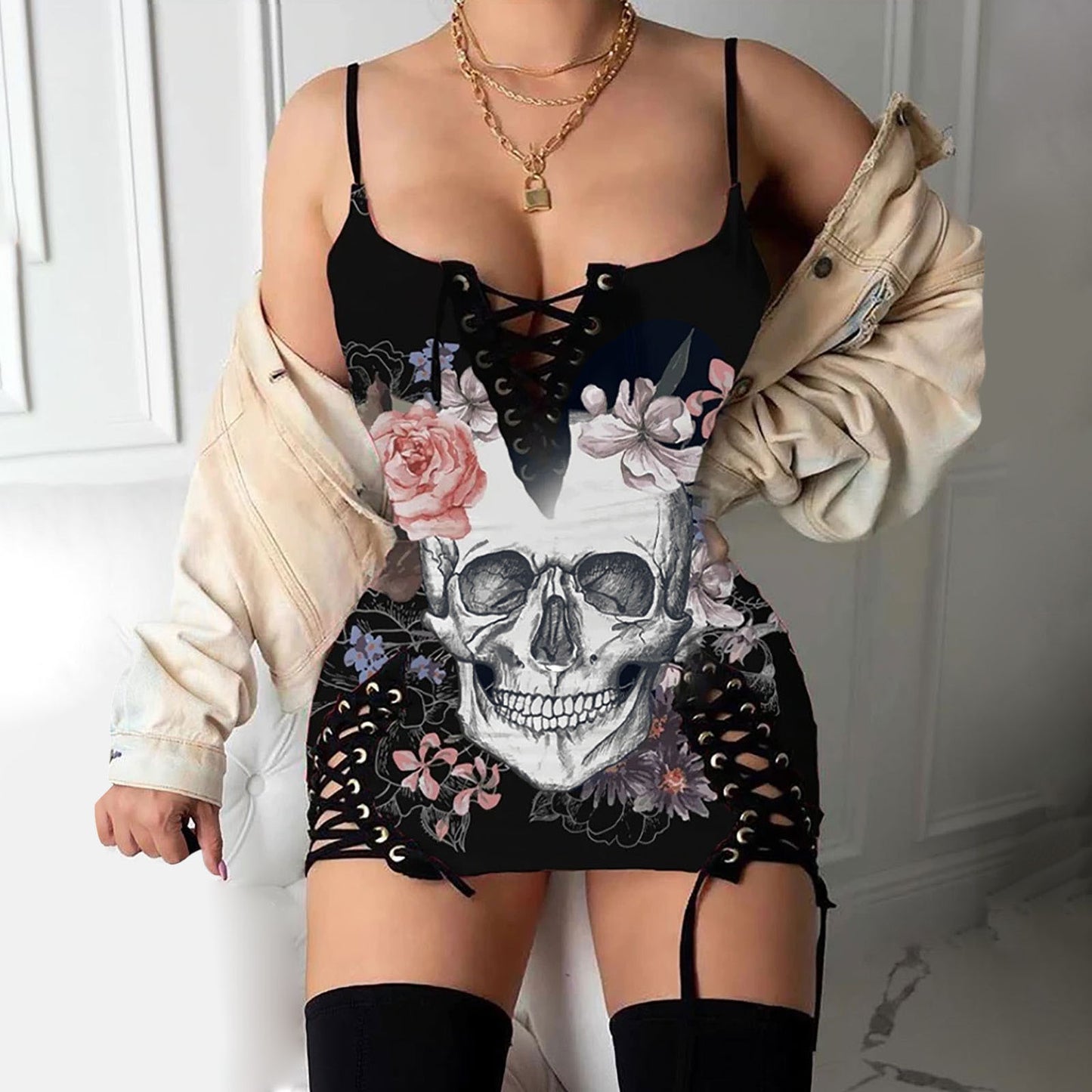 Skull Print Lace Up Vest Dress