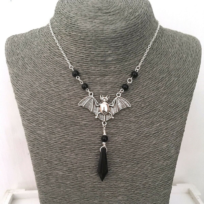 Black Silver Bat Beaded Necklace