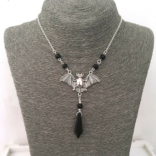 Black Silver Bat Beaded Necklace