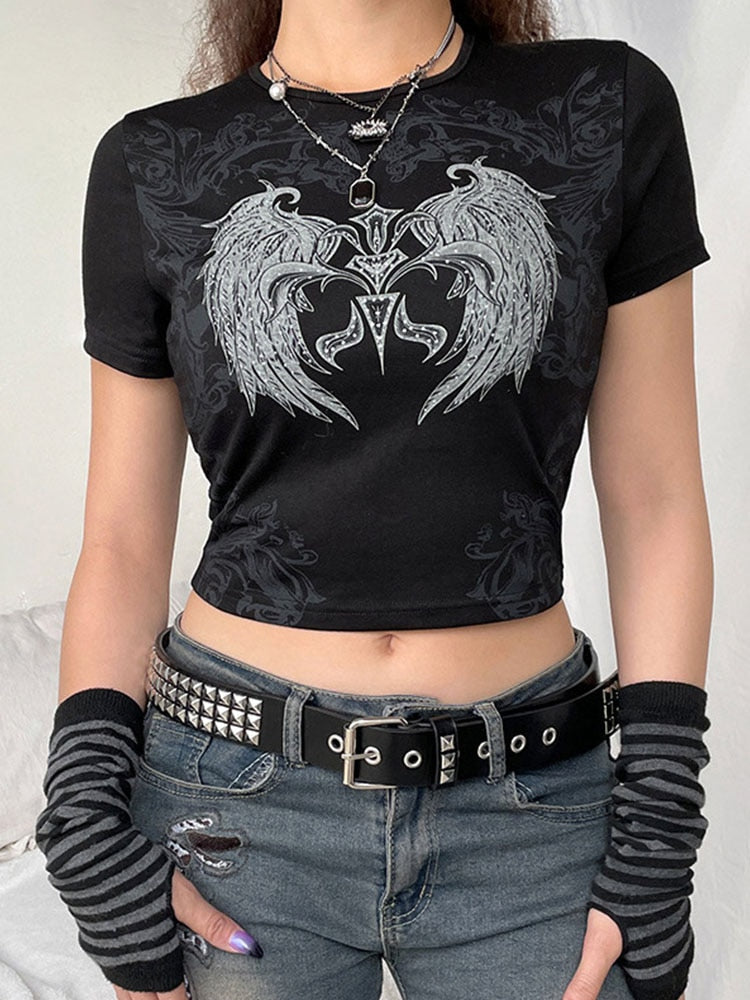 Schwarzes Crop-Top mit Gothic-Print