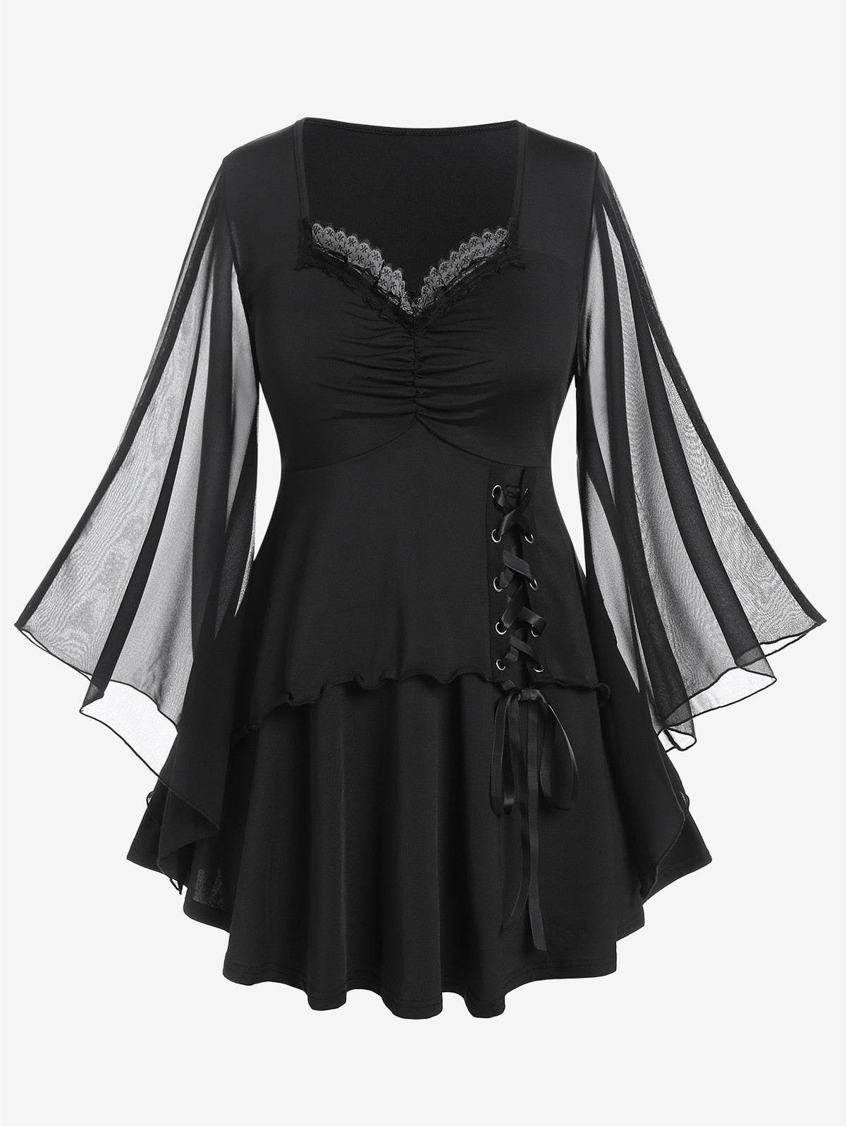 Black Sweetheart Neckline Mesh Bell Sleeve Dress