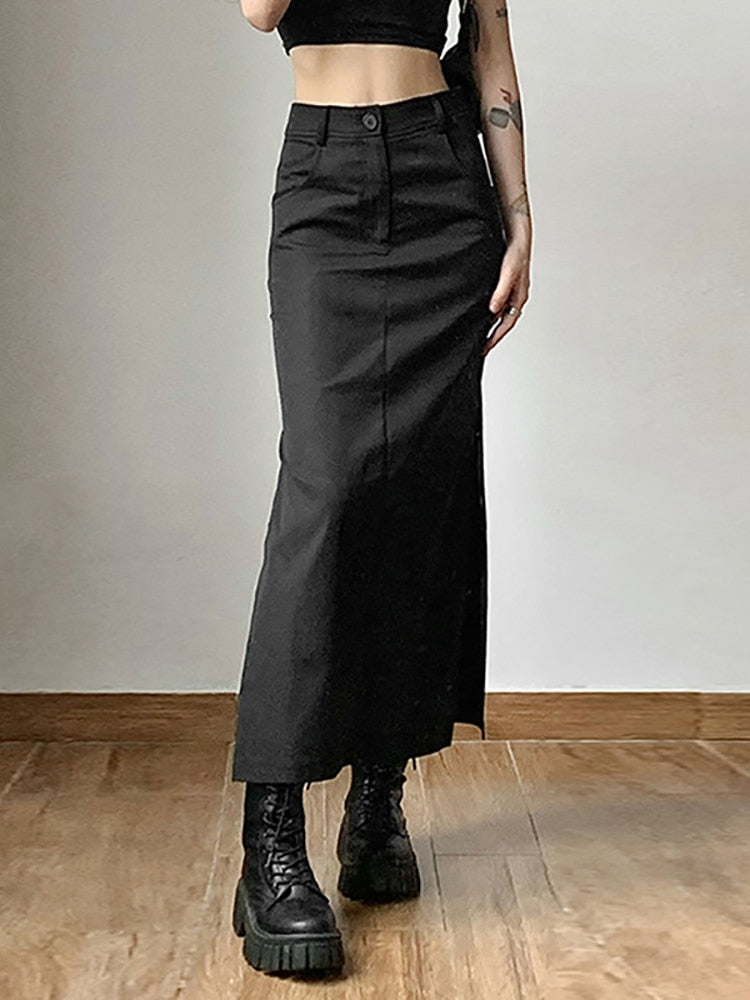 Long Black Cargo Skirt With Side Split