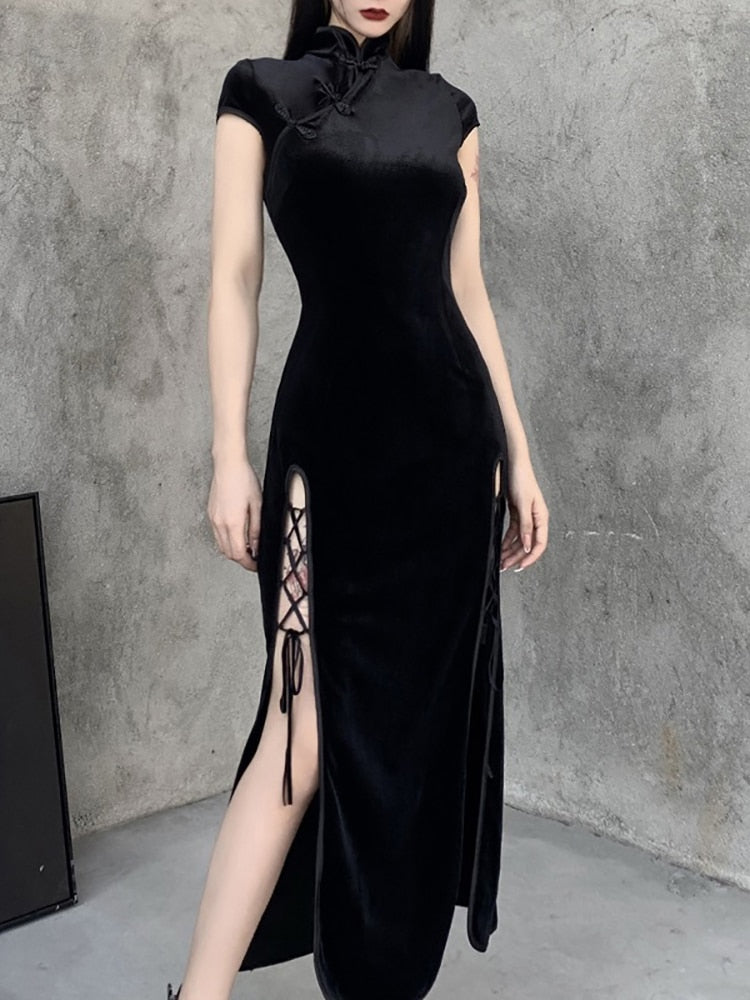 Black Velvet Chinese Neckline Side Split Dress