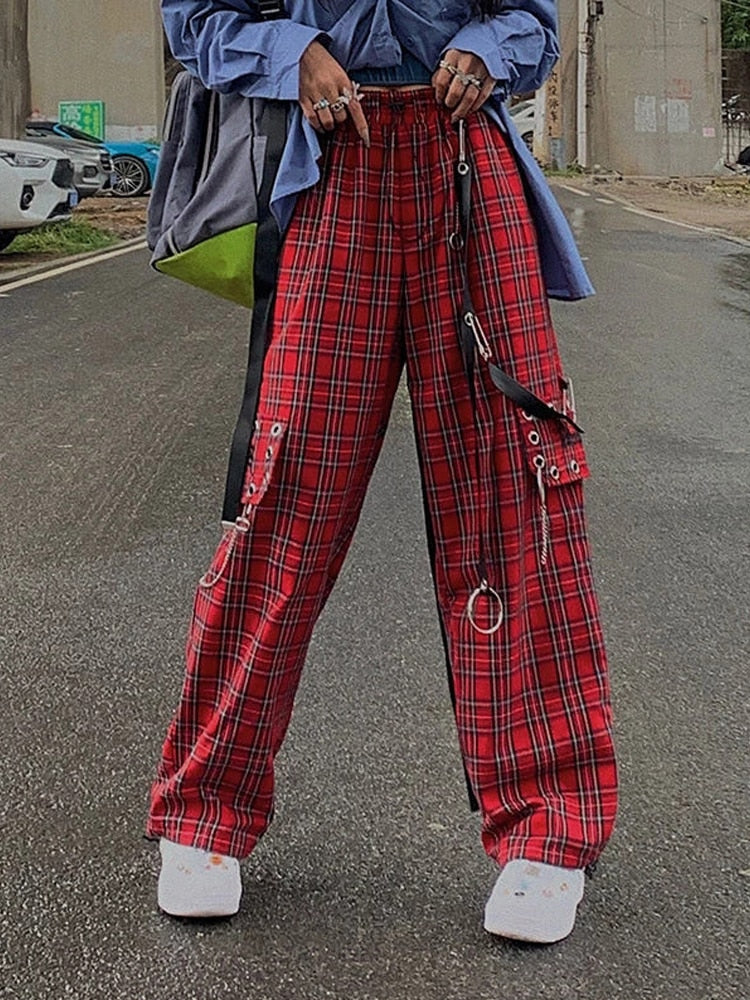 Red Plaid Print Punk Pants With Chain