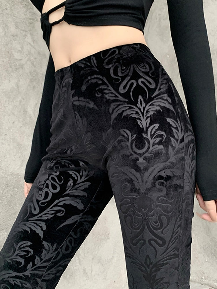 Black Velvet Brocade Print Flared Trousers