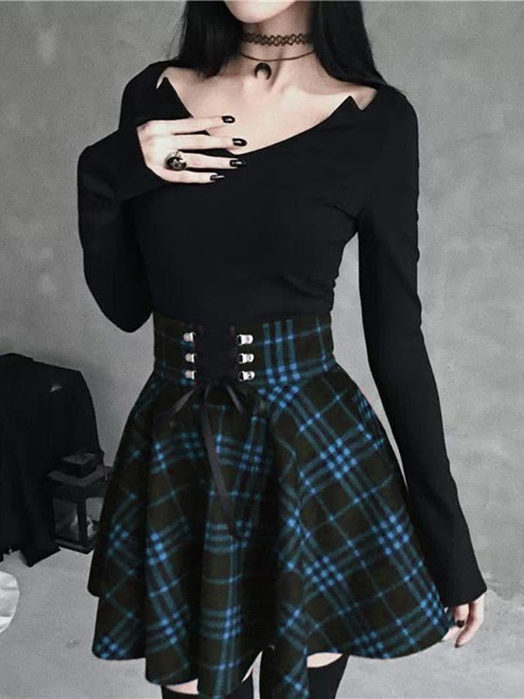 Plaid Print Skater Skirt With Corset Waist