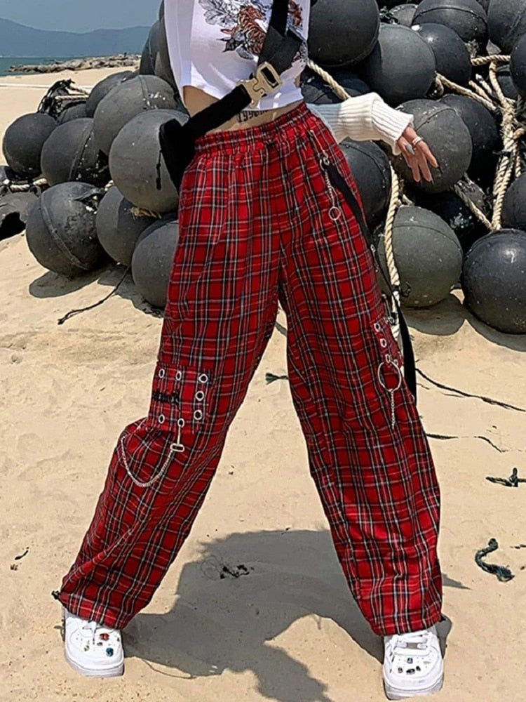 Red Plaid Print Punk Pants With Chain