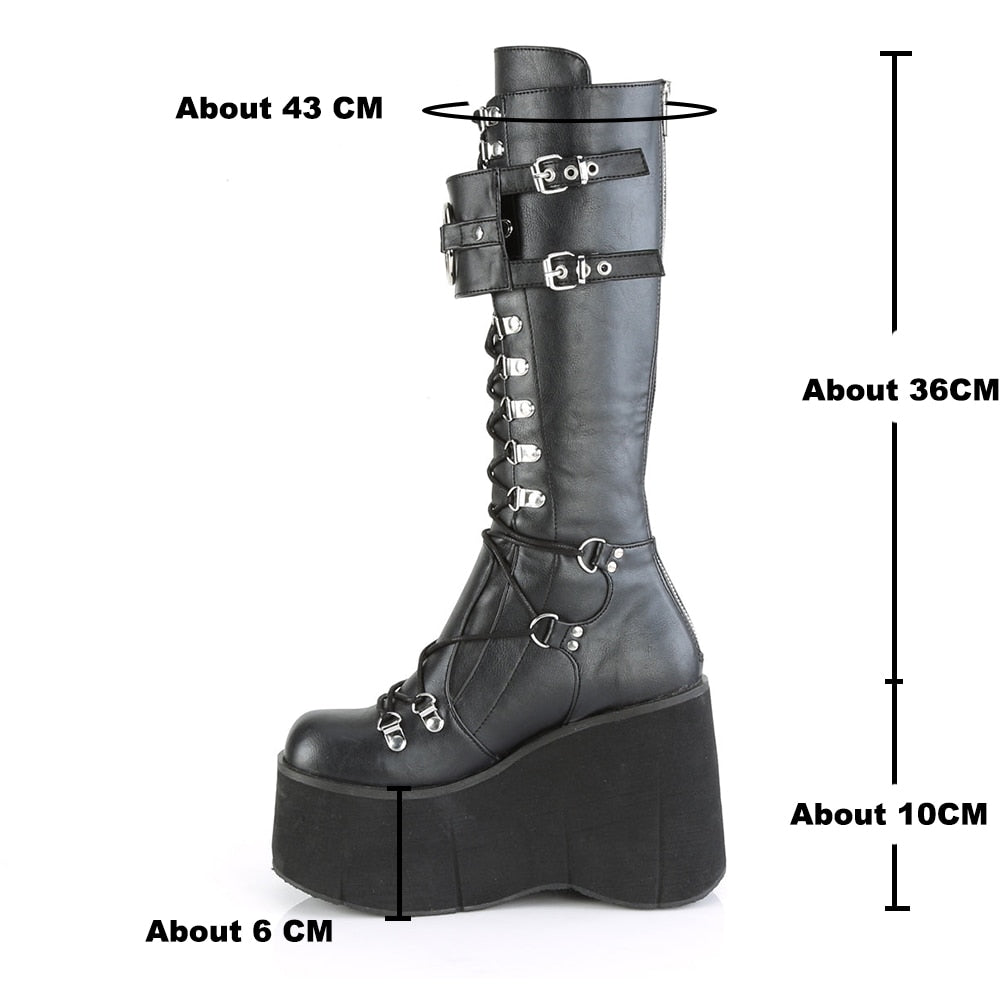 Black Knee High Wedge Platform Strap Boots