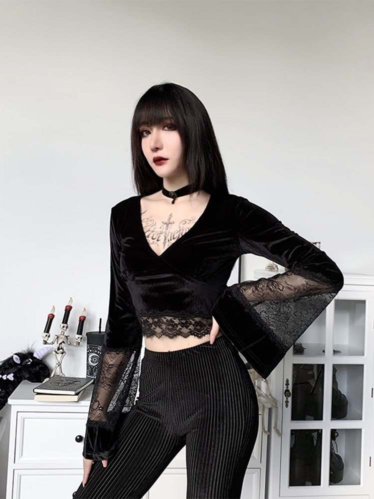 Black velvet bell sleeve top best sale