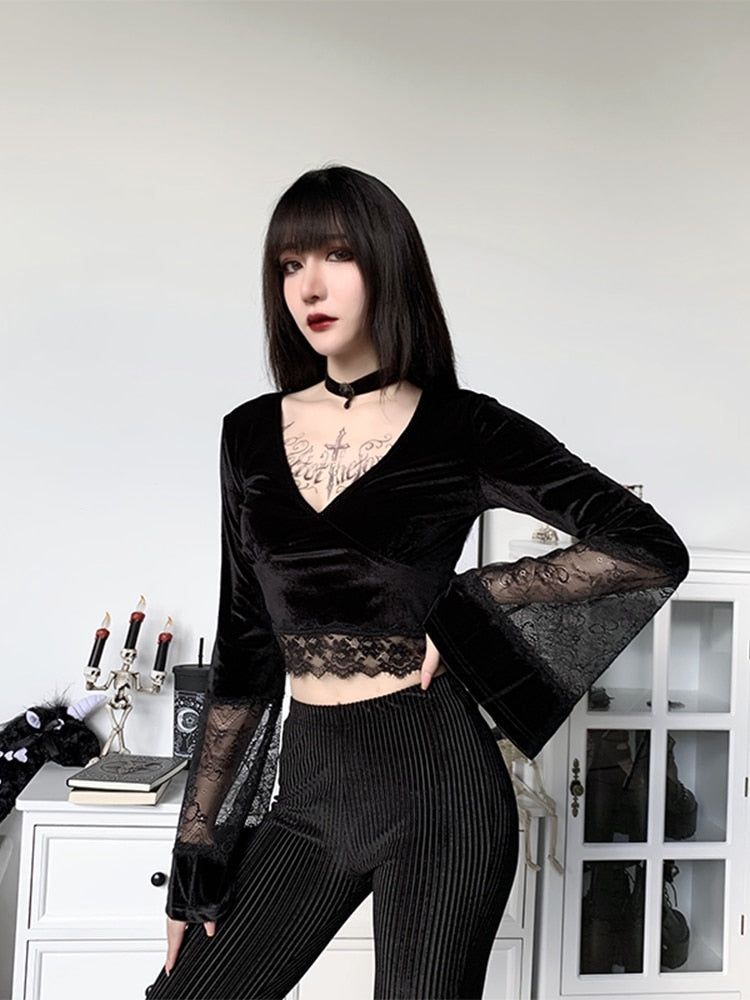 Black Velvet Deep V Lace Trim Bell Sleeves Top