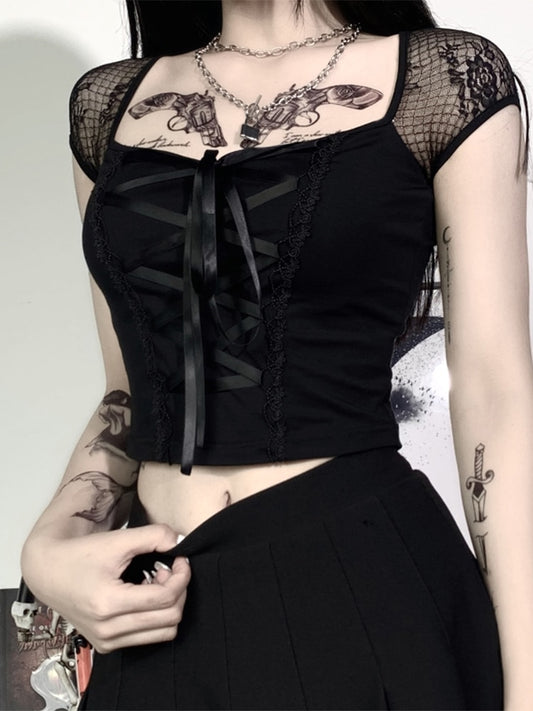 Black Velvet Mesh Sleeve Tie Front Corset Top